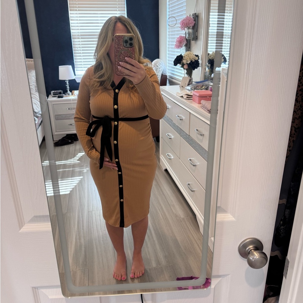 Maternity L Tan Button-Down Dress with Black Accents